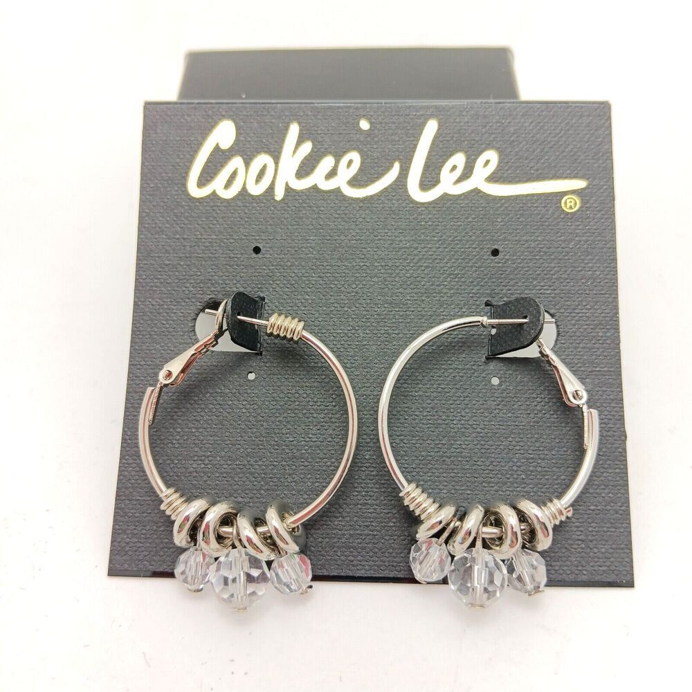 Cookie Lee Faceted Clear Glass Bead Hoops Silver Tone Boho Dangle New On Card